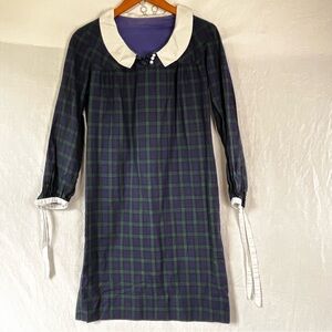 Vintage Homemade Blackwatch Plaid Shift Dress XS Pullover Collared Cuff Ties
